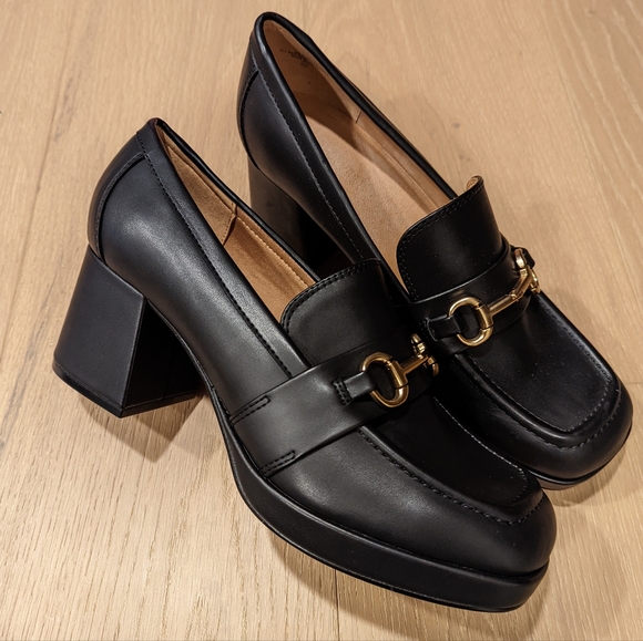 Chunky Black Loafer Heels - Picture 1 of 10